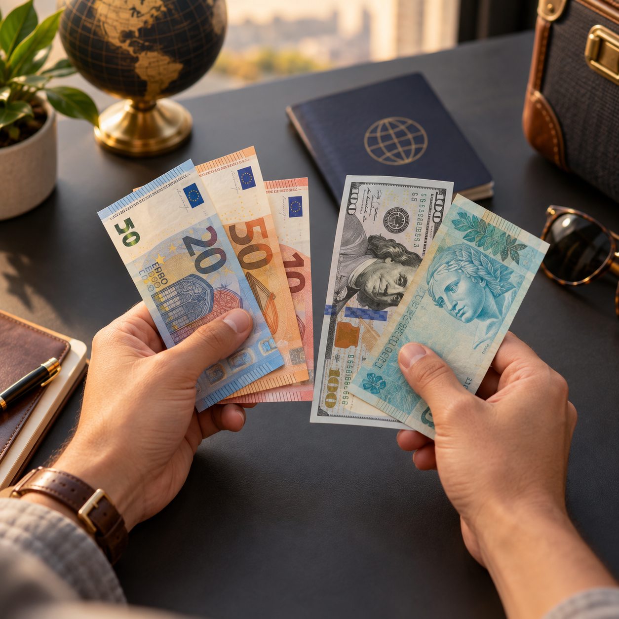 Viajante comparando moedas para uma viagem internacional
