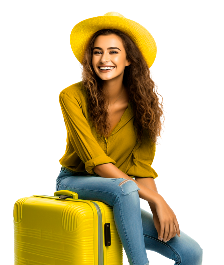 Viajante sorridente com mala amarela